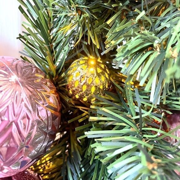 PINK AND GOLD 24” PRE-LIT CORDLESS WREATH - Picture 5 of 9